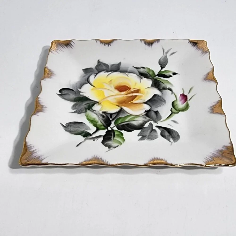Lefton China Hand Painted Square Dish With Yellow Rose Design Gold Trim Vintage